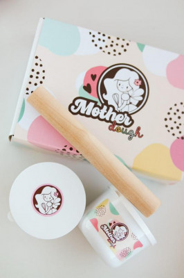 Набор для творчества Mother Dough, розовый + фиолетовый (банка теста, формочка, скалочка)